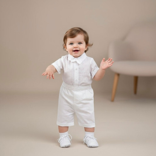 Minnie Me Leo Formal Bowtie Outfit, a toddler wearing a cute white bowtie outfit with matching shorts and shoes, standing indoors with a neutral background.