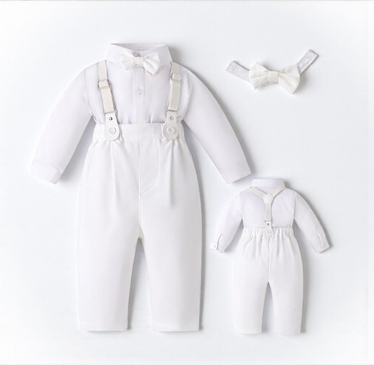 Minnie Me Nicolas Suspender Set, white formal baby outfit with long sleeve shirt, suspenders, and matching smaller romper and bow accessory.