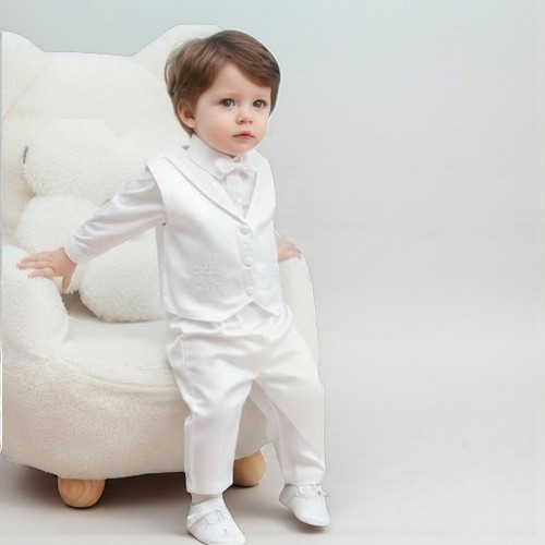 Minnie Me Charlie Baptism Suit, a young boy wearing a white formal baptism suit with a matching vest and trousers, standing next to a plush white chair.