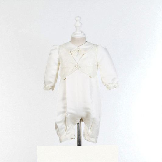 Minnie Me Charles White Romper, ivory baby romper with long sleeves, lace vest, and bow collar, designed for infants or toddlers.