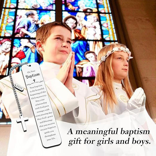 Minnie Me Silver Bookmark with Cross, a meaningful baptism gift for girls and boys, featuring a silver bookmark with a cross design and personalized details.