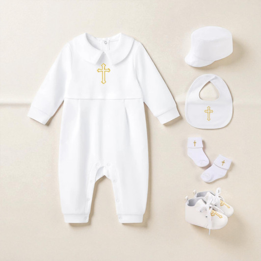 Minnie Me Gold Cross Infant Baptism 5pcs Set, baby baptism clothing and accessories including white long-sleeve gown, hat, bib, socks, and shoes with gold cross embroidery.