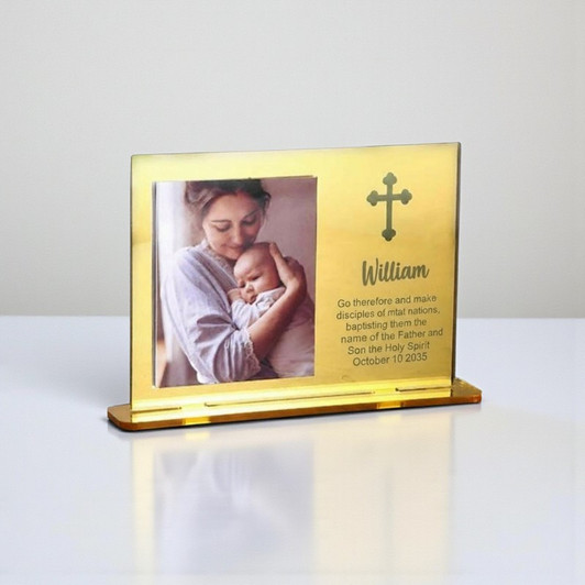 Minnie Me Personalized Photo Frame, gold-colored acrylic photo frame with a photo of a woman holding a baby and an engraved religious cross, personalized with the name William and a bible verse.