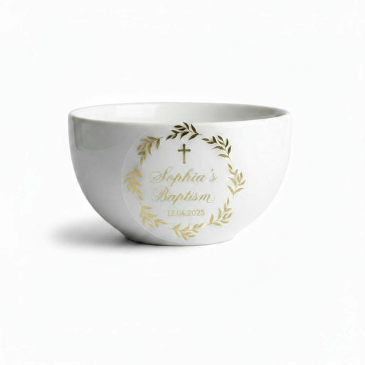 Minnie Me Personalized Round Stickers, a white ceramic bowl with gold and silver detailed design for a baptism celebration, inscribed with 'Sophia's Baptism' and date.