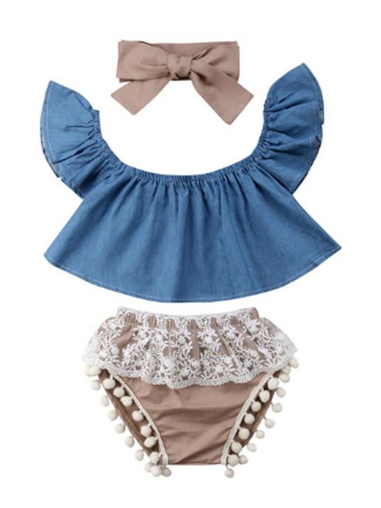 3Pcs Baby Blue Set Denim Tops Bloomer Headband
