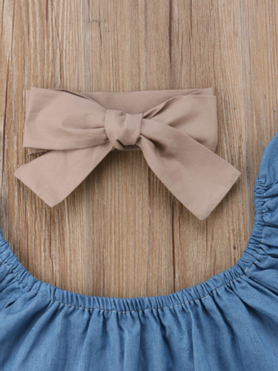 3Pcs Baby Blue Set Denim Tops Bloomer Headband
