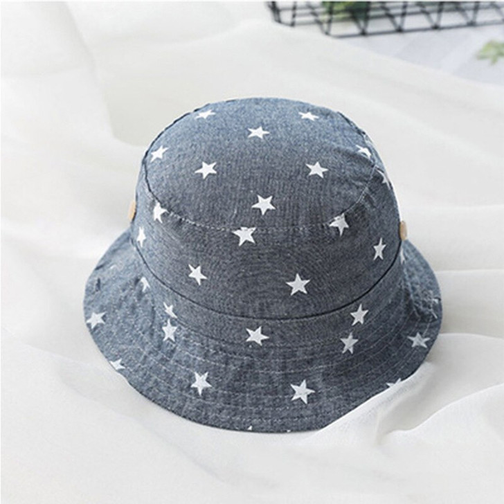 Generic Infant Soft Denim Cotton Baby Sun Hat, blue denim fabric with white star pattern, toddler-sized sun protection hat.