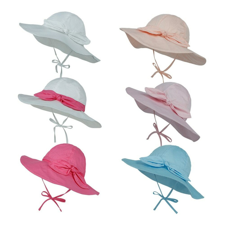 Generic White Plain Bow Beach Big Brim Cap, image of multiple wide-brimmed hats in white, pink, peach, and blue with bow accents, suitable for sun protection and beachwear.