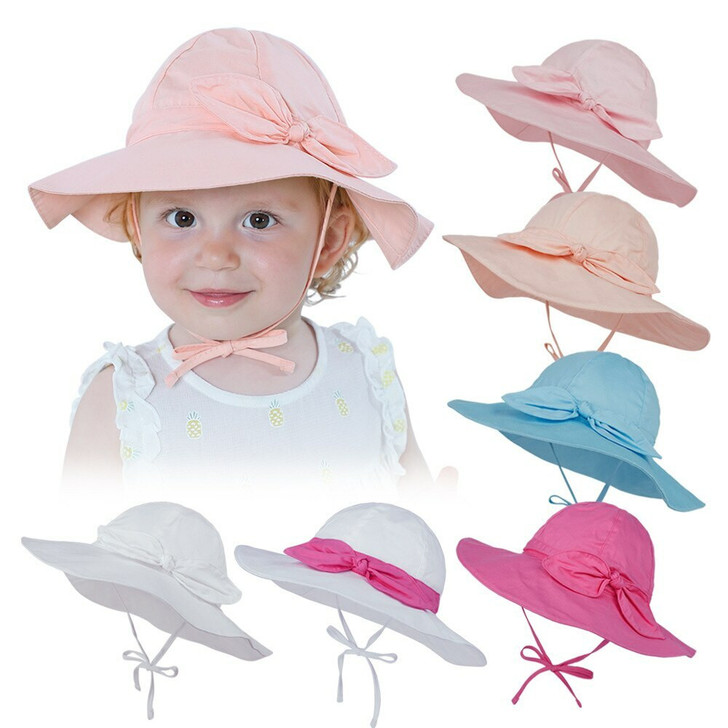 Generic Light Blue Bow Beach Big Brim Cap, image of a wide-brimmed pink sun hat with bow decoration for children and various color options including white, pink, blue, and peach.