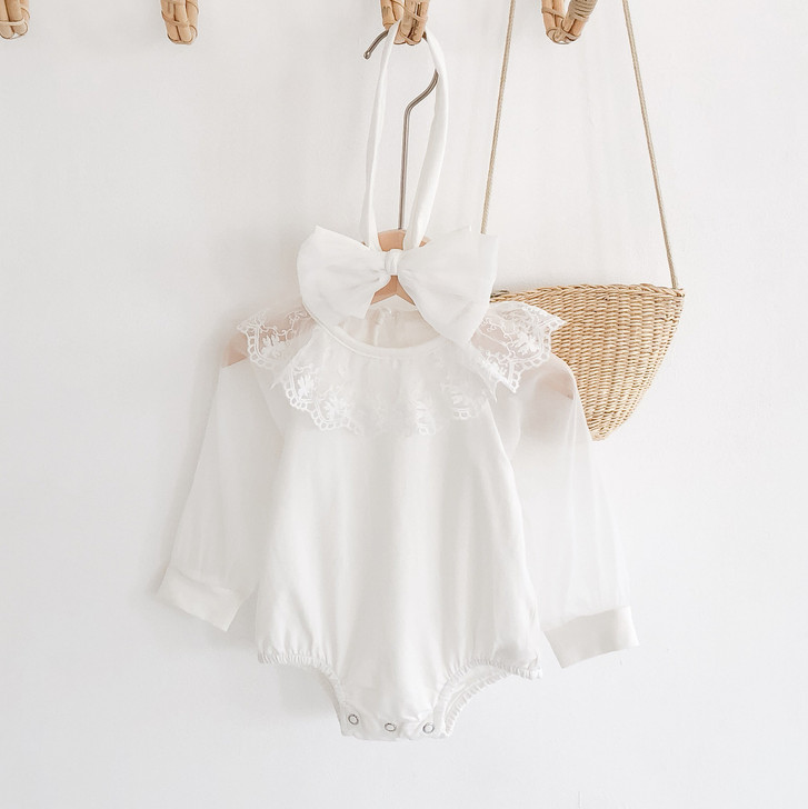 Infant Lace Romper Chiffon Sleeve With Headband