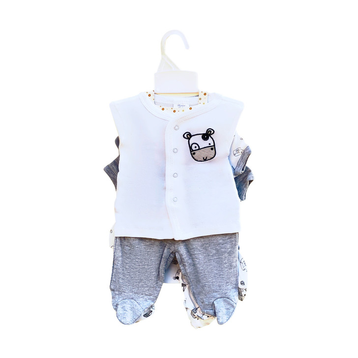 Generic Grey Cow 8-Piece Layette Set, baby clothing with a white sleeveless top featuring a cow face embroidery and grey footed pants with cow print accents.