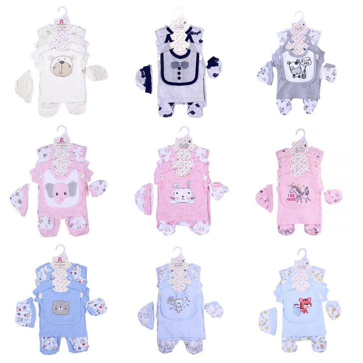 Generic White Sheep 8-Piece Layette Set, collection of colorful baby clothing with cute animal and character designs, including tops, pants, socks, and hats.