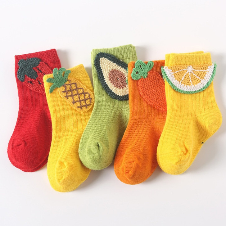Generic Yellow 3D Lemon fruit Socks, colorful socks with fruit-themed embroidered patches including strawberry, pineapple, avocado, orange, and lemon.