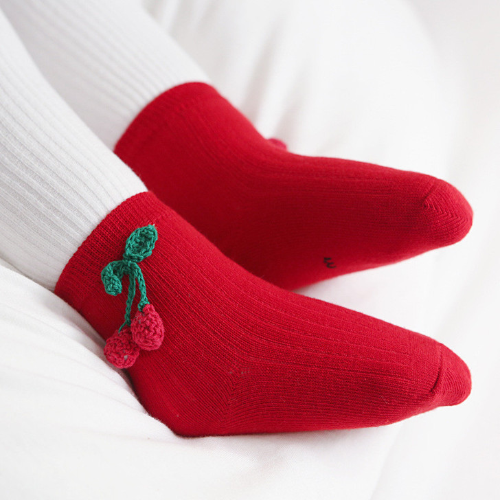 Generic Red 3D Cherry Fruit Socks, red socks with cherry embroidery on the side.