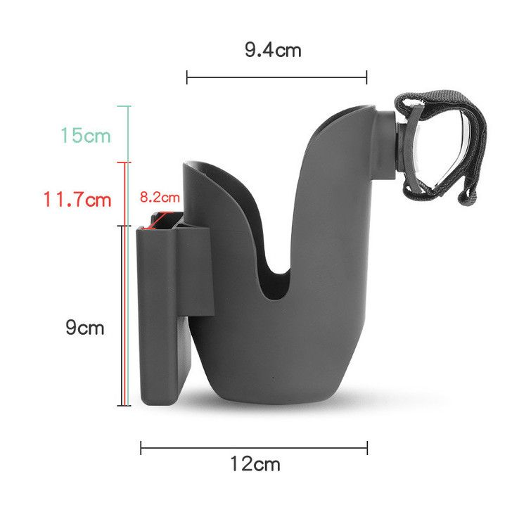 Joyren Cup Holder With Baby Stroller Hooks, adjustable black cup holder with integrated hooks for strollers, compact design with measurements 12cm x 9.4cm x 15cm.