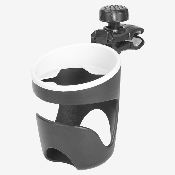 Joyren Black Universal Cup Holder For Strollers And More, black and white plastic cup holder with adjustable clamp and easy-to-clean design.