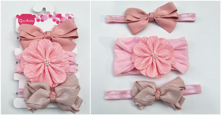 3 Pcs Baby Pink Bow Set Hairband Flower Bows Headband