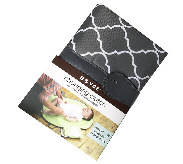 JJOVCE Portable Folding Nappy Changing Pad, compact black and gray changing pad with patterned design and secure closure strap.