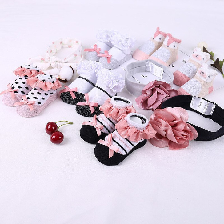 OONA 3 Pieces Gift Set Socks With Headband, adorable baby socks with bows and ruffles, matching headbands with large bows, and playful designs including animal faces and polka dots.