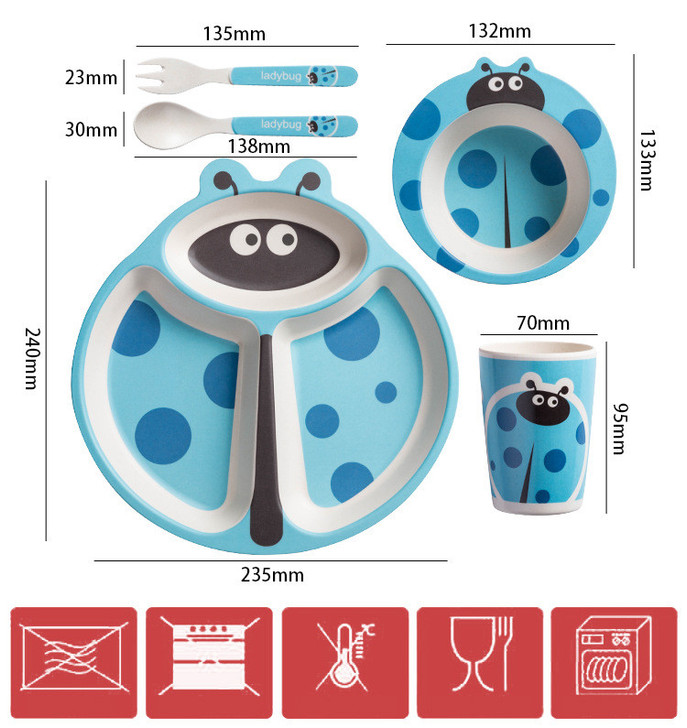Generic Tiny Dining Bamboo Set Blue Ladybird, children's bamboo dinnerware set including a divided plate, a bowl, a cup, and utensils with ladybird and blue polka dot design.
