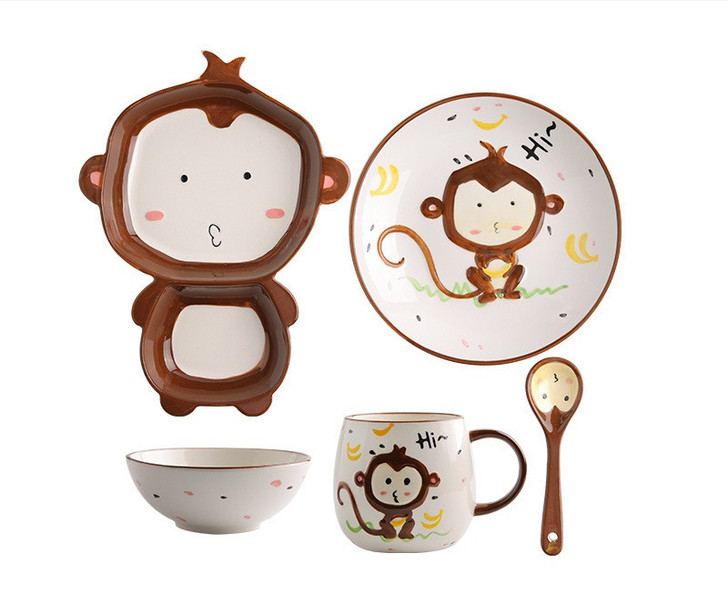 Generic Ceramic Porcelain Tableware Set Monkey, ceramic tableware set featuring a cute monkey design on a plate, bowl, mug, spoon, and a unique monkey-shaped dish.