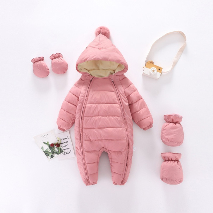 Baby Pom Hooded Velvet Snowsuit Overalls