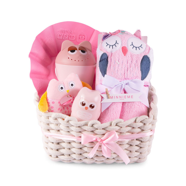 New Baby Bath Time Hamer Gift Set Pink Owl Basket Set