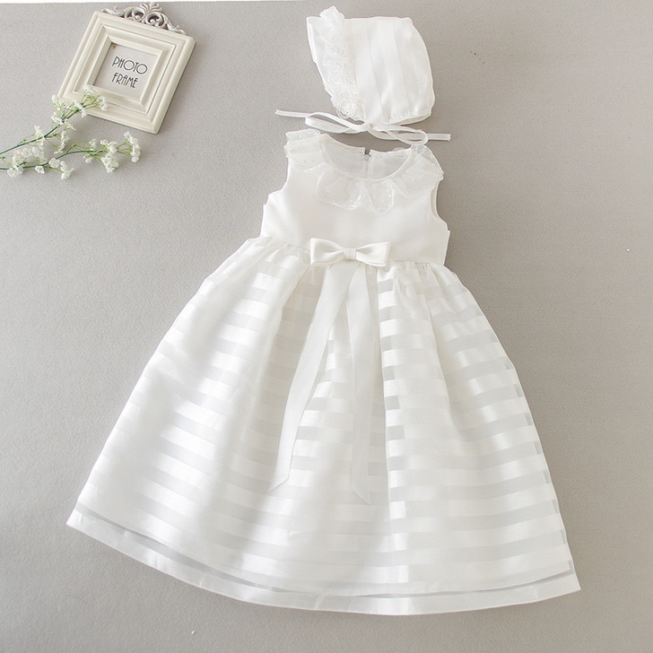 Baby Girls Long Wedding Baptism White Dress with Bonnet Satin Strips