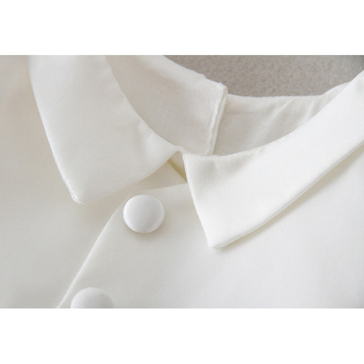 OONA 2 PCS Baptism White Satin Suit with Hat, close-up of the elegant white satin baptism outfit featuring a soft satin collar and matching hat.