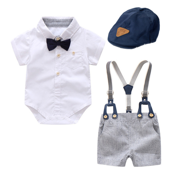 Baby Boys White Romper Suit with Hat & Bow