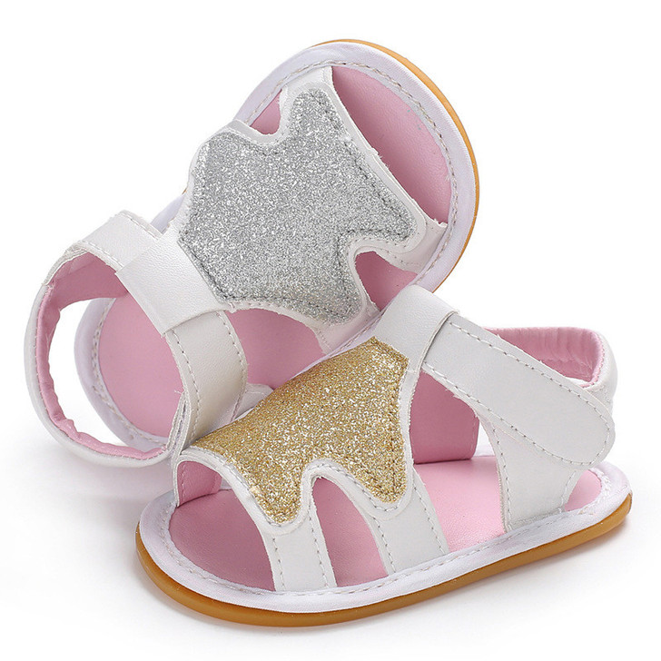 Generic Christmas Sandals Silver Gold Tree Non-Slip Sole, cute children's sandals with silver and gold glitter star decorations, pink inner lining, white straps, and a non-slip sole for safe wear.