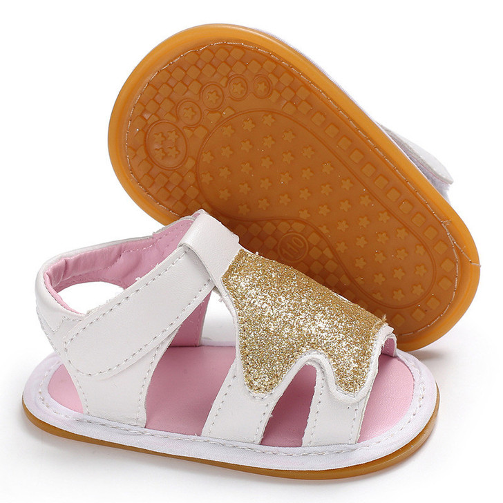 Generic Christmas Sandals Silver Gold Tree Non-Slip Sole, children's open-toe summer sandals with glittery gold detail and white straps.