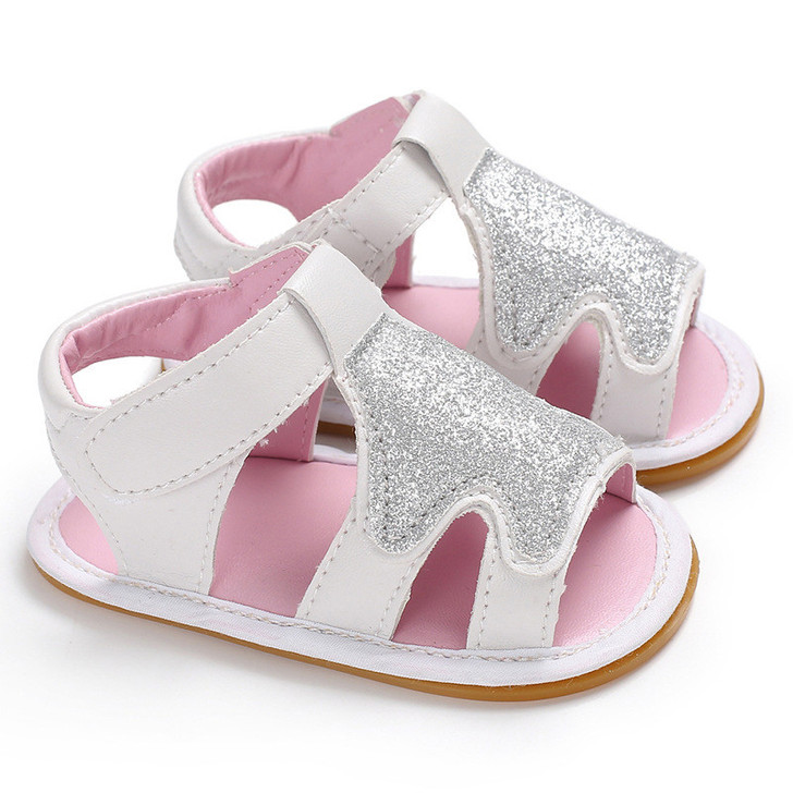 Generic Christmas Sandals Silver Gold Tree Non-Slip Sole, children's open-toe sandals with glittery silver trees design and pink insoles.