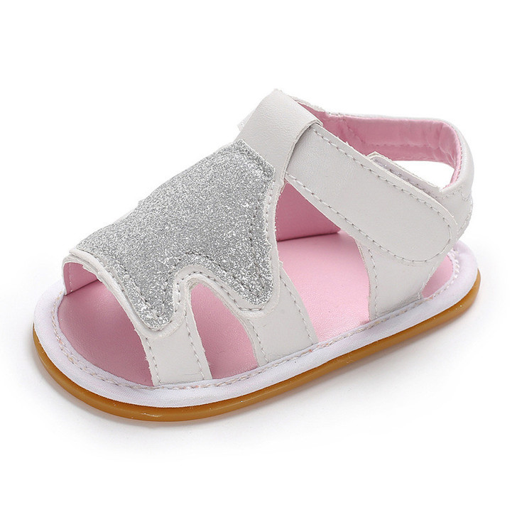 Generic Christmas Sandals Silver Gold Tree Non-Slip Sole, a children's sandal featuring a silver glittery star design, pink inner lining, and a non-slip sole for safety.