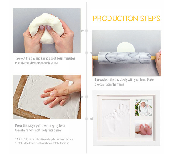 Generic Air-Drying Clay Handprint Kit White Photo Frame, step-by-step instructions for creating handprints and foot impressions with the clay, including kneading, spreading, and pressing techniques.