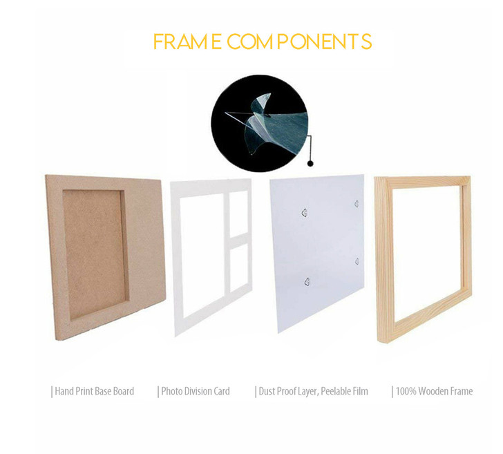 Generic Air-Drying Clay Handprint Kit White Photo Frame, showing the frame components including a wooden frame, dust-proof layer, photo division card, and handprint base board.
