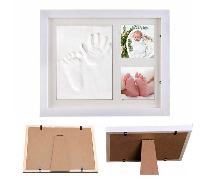 Generic Air-Drying Clay Handprint Kit White Photo Frame, showcasing the white frame with handprint impression and photos of a baby and tiny feet, with back side views of the frame.