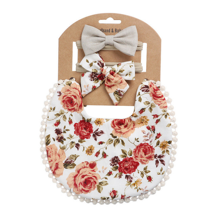 Generic Double-Sided Cotton Bib with Bow Headband Set, floral patterned bib with pom-pom trim and matching bow headbands.