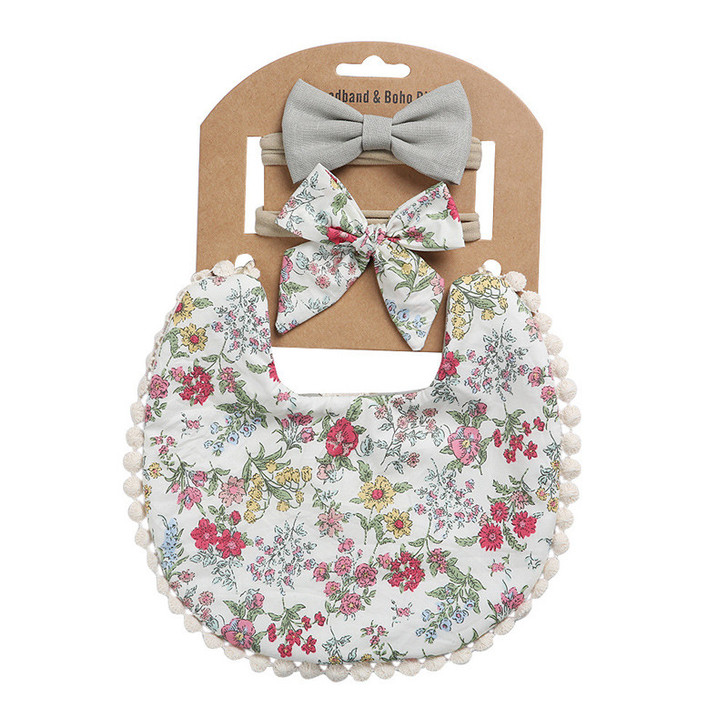 Generic Double-Sided Cotton Bib with Bow Headband Set, set of baby accessories including a floral-patterned bib and a matching bow headband.