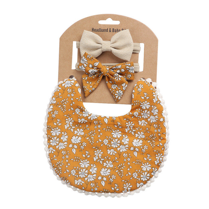 Generic Double-Sided Cotton Bib with Bow Headband Set, featuring a floral print bib and matching headbands with bows for babies.