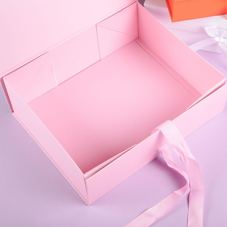 OONA Folding Pink Gift Box with Satin Ribbon, open pink gift box showcasing a satin ribbon handle, perfect for elegant gift presentation.