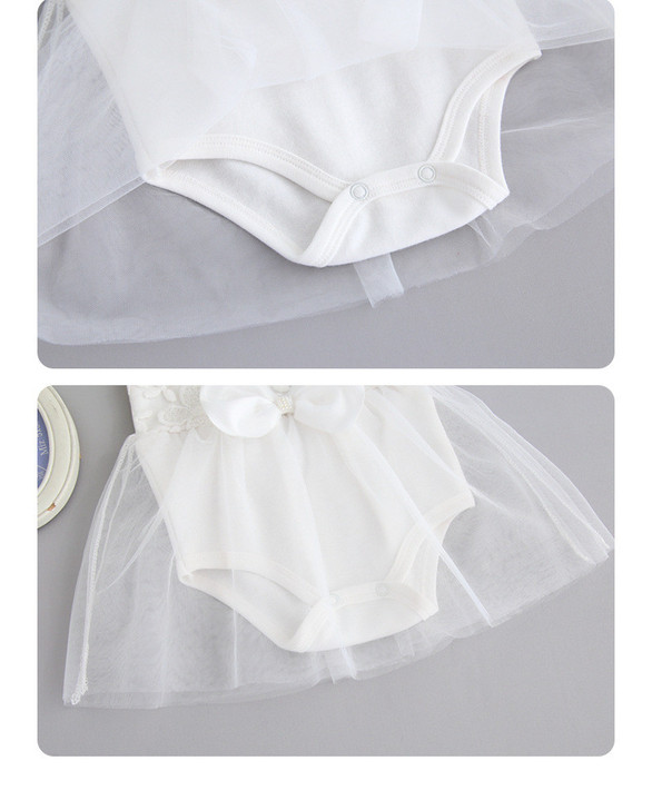 OONA Embroidery White Net Dress Romper with Front Bow, detailed close-up of the elegant white net dress romper featuring embroidery and a decorative front bow.