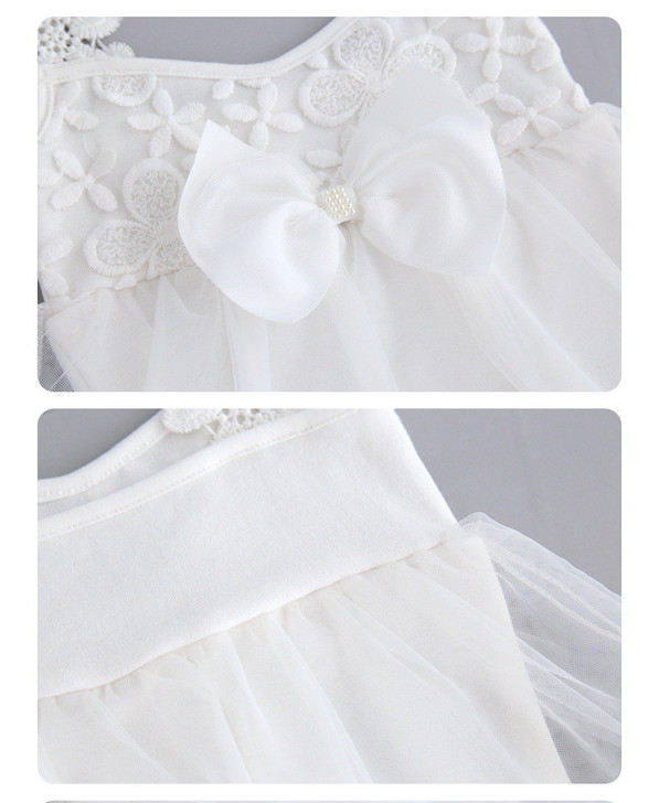 OONA Embroidery White Net Dress Romper with Front Bow, close-up of embroidered floral lace and tulle fabric, showcasing the elegant bow accessory.