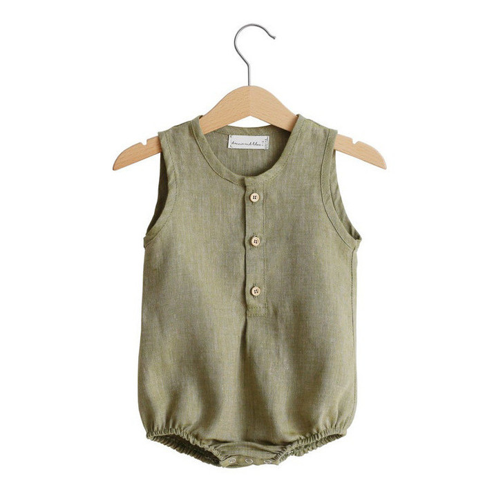 Generic Linen Sleeveless Romper, light green sleeveless baby romper with buttons and elastic leg openings, hanging on a wooden hanger.