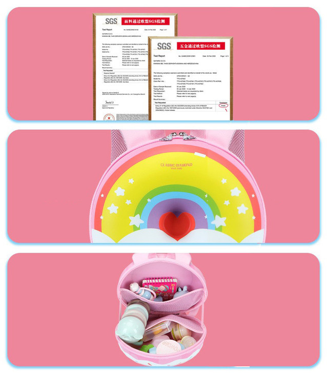 Generic Backpack Preschool Donut Series, colorful rainbow design with a red heart and star accents, pink backpack with compartments filled with small toys and bottles, and SGS certification documents.