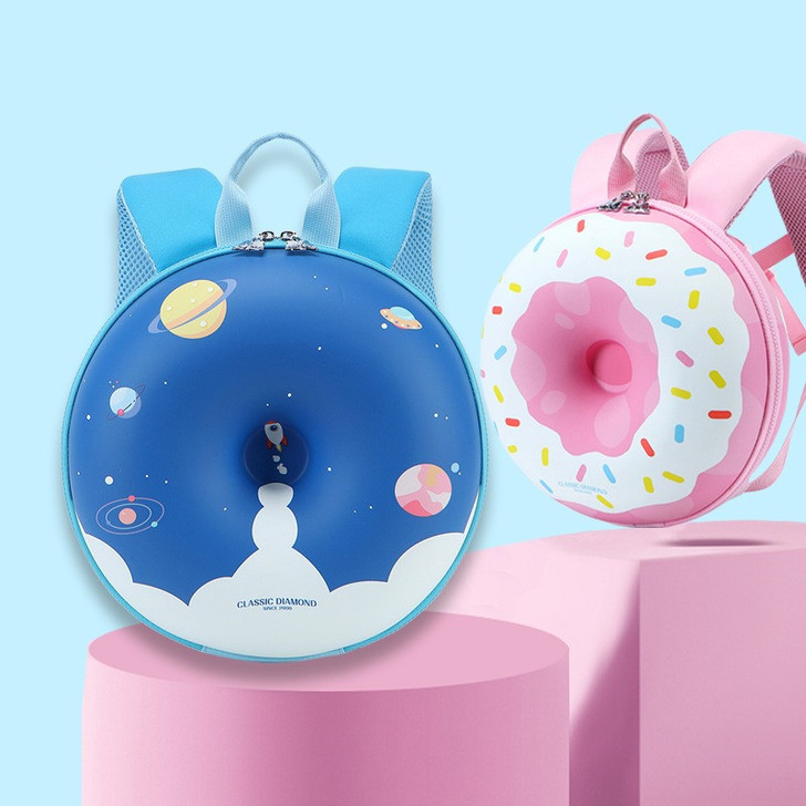 Generic Backpack Preschool Donut Series, round backpacks with space and donut designs, pink and blue colors with straps.