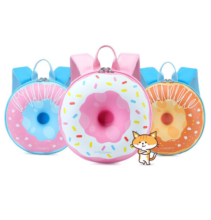 Generic Backpack Preschool Donut Series, colorful donut-shaped school backpacks with pink, blue, and orange designs featuring sprinkles and cream accents.