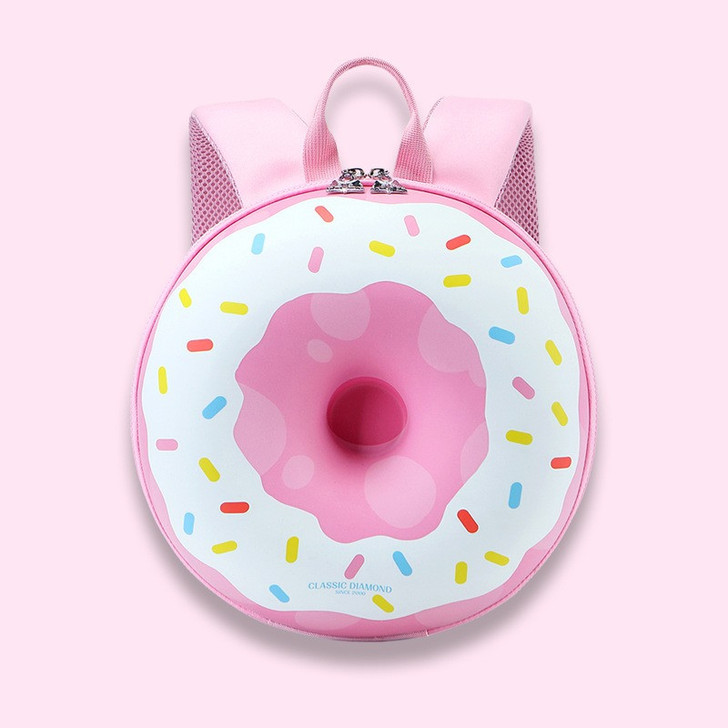 Generic Backpack Preschool Donut Series, pink children's backpack with donut design and colorful sprinkles pattern.
