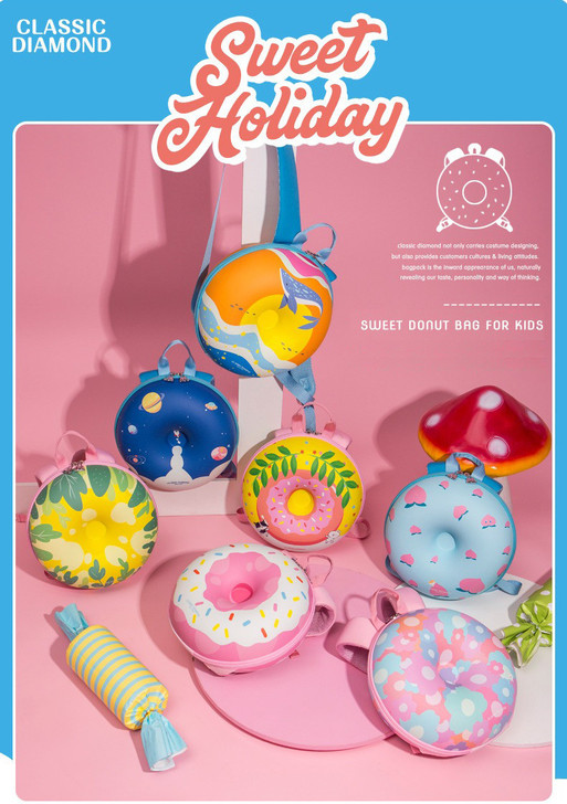 Generic Backpack Preschool Donut Series, colorful donut-shaped backpacks for kids with various designs including whale, planets, and flowers.