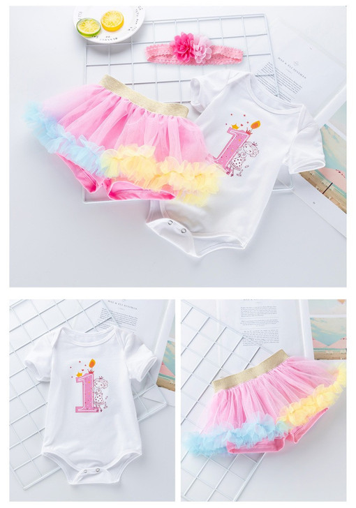 Generic Short Sleeve Romper Tutu Skirt Headband, baby girl's birthday outfit with a white romper featuring a pink birthday candle and girl illustration, pink, yellow, and blue tutu skirt, and pink headband with fabric flower for a first birthday celebration.